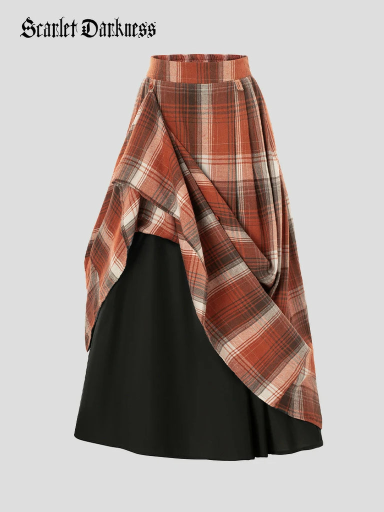 Scarlet Darkness Women Plaided Buckle up Flared Swing Maxi Skirt Orange