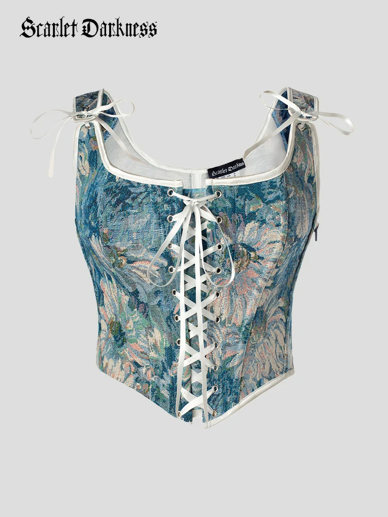 Scarlet Darkness Renaissance Festival Floral Corset Tops with 10 Bones Light blue