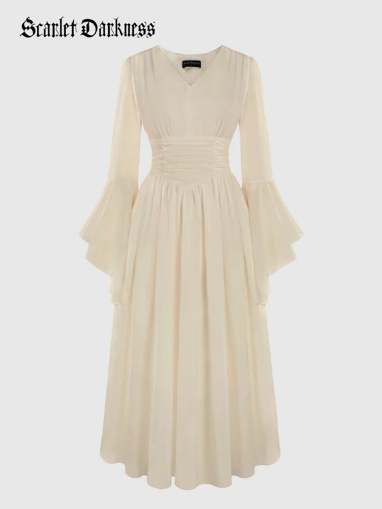 Scarlet Darkness Renaissance Fairy Elastic Waist Maxi Dress with Pockets Apricot