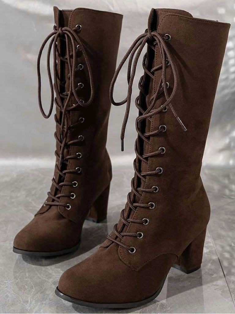 Scarlet Darkness Women's Lace-Up Suede Thick-Heeled Witch Boots