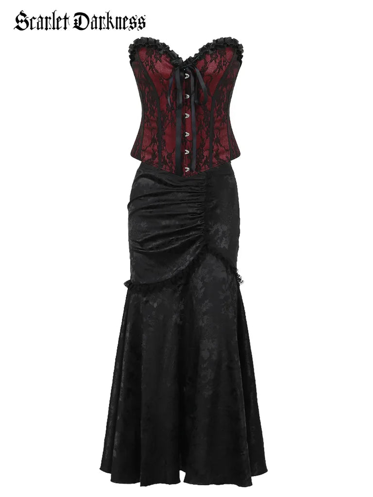 Victorian Satin Jacquard Asymmetric Bodycon Skirt SCARLET DARKNESS