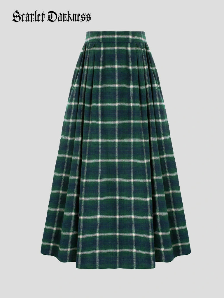 Scarlet Darkness Women Plaided Buckle up Flared Swing Maxi Skirt