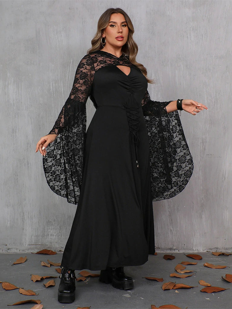 Scarlet Darkness Women Plus Size Gothic Spliced Lace Hem Slit Dress