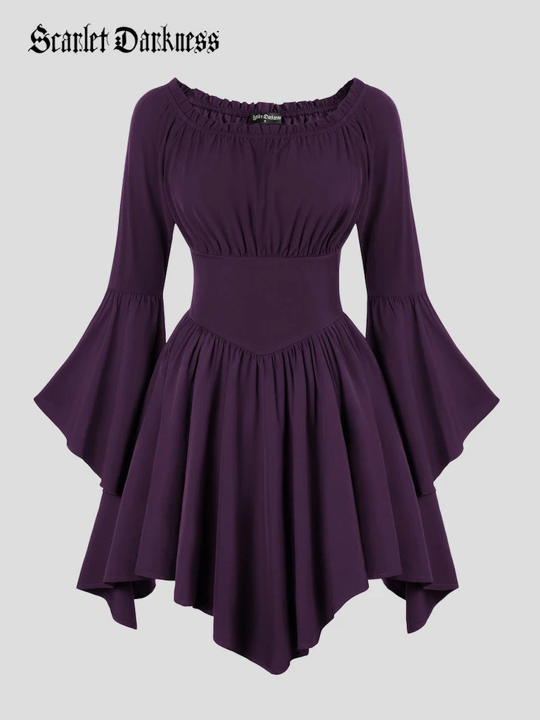 Scarlet Darkness Renaissance Irregular Hem Off Shoulder Pockets Dress Purple