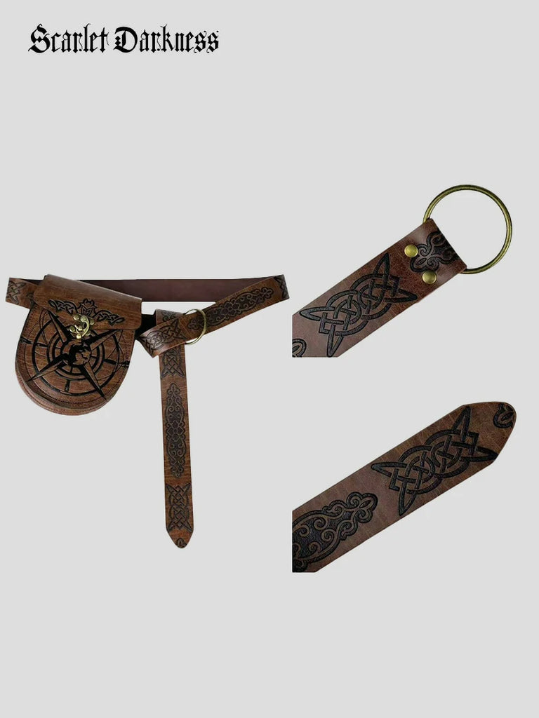 Scarlet Darkness Medieval Viking Faux Leather Waist Bag Belt Set