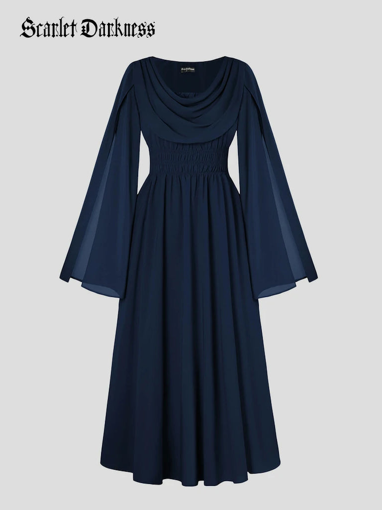 Scarlet Darkness Renaissance Fairy Slit Sleeve Draped Neck Pockets Dress Dark blue