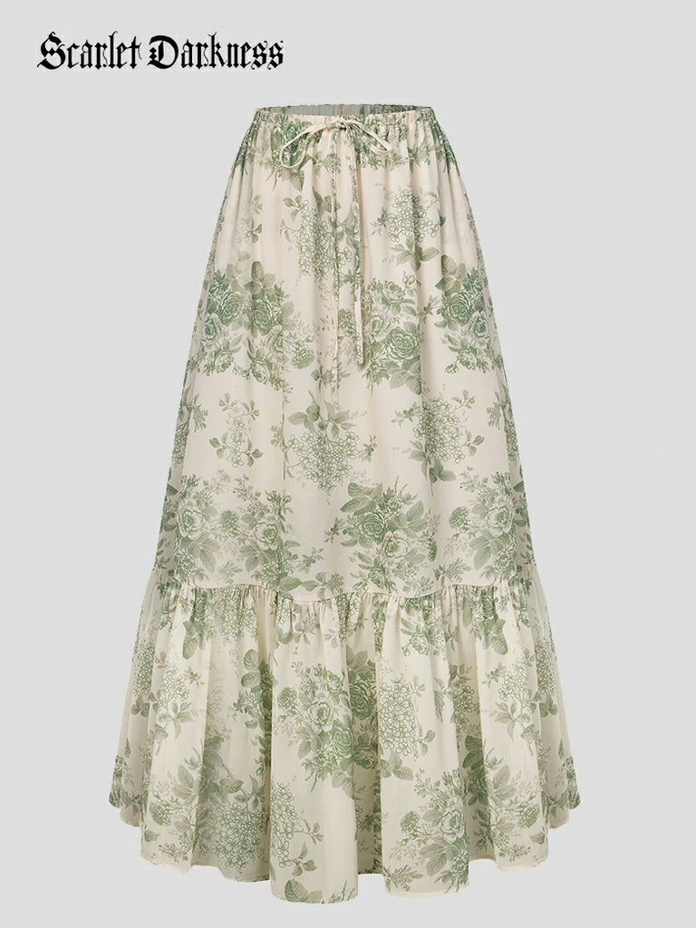 Scarlet Darkness 2026 Floral Elastic Waist Swing Pockets Skirt Green