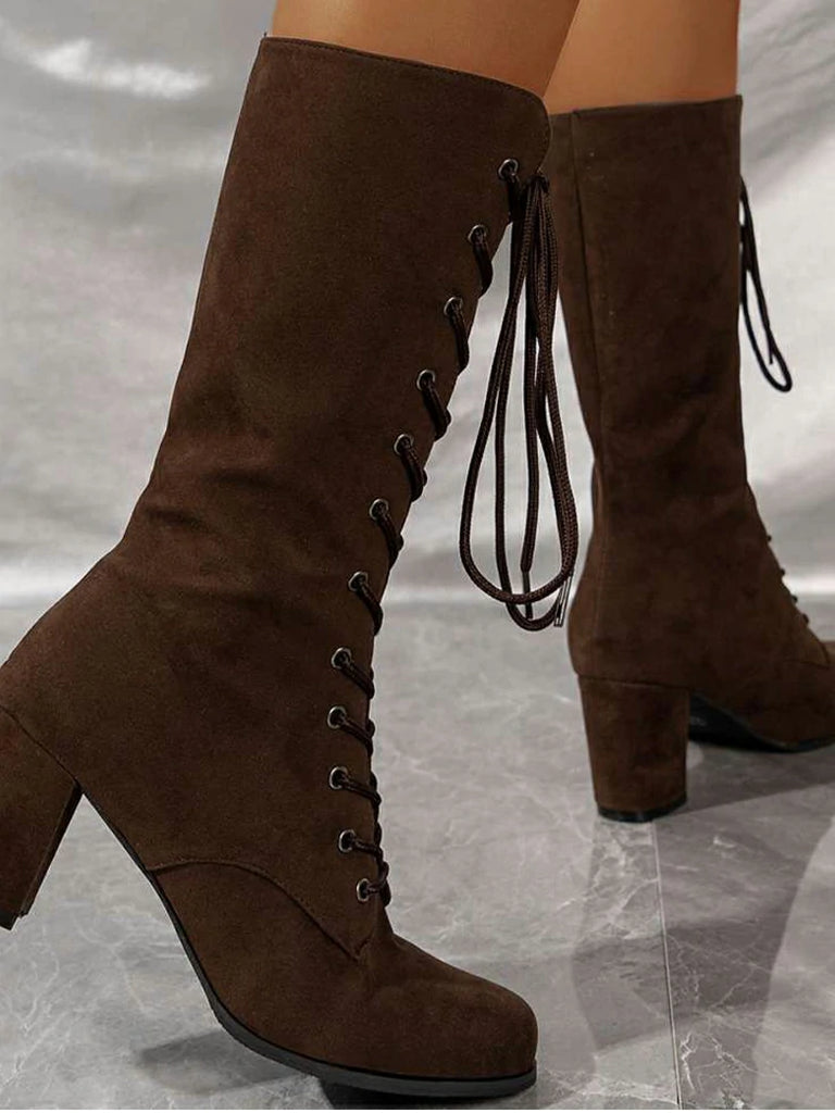 Scarlet Darkness Women's Lace-Up Suede Thick-Heeled Witch Boots