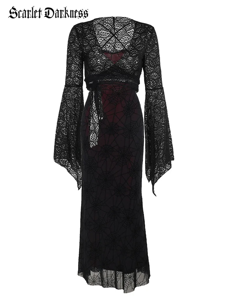 Victorian Goth Style Black Bell Sleeves Lace Tied Cardigan SCARLET DARKNESS