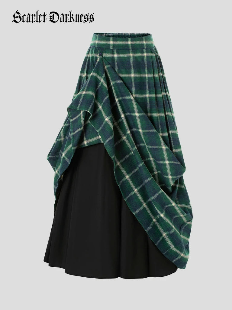 Scarlet Darkness Women Plaided Buckle up Flared Swing Maxi Skirt Light green