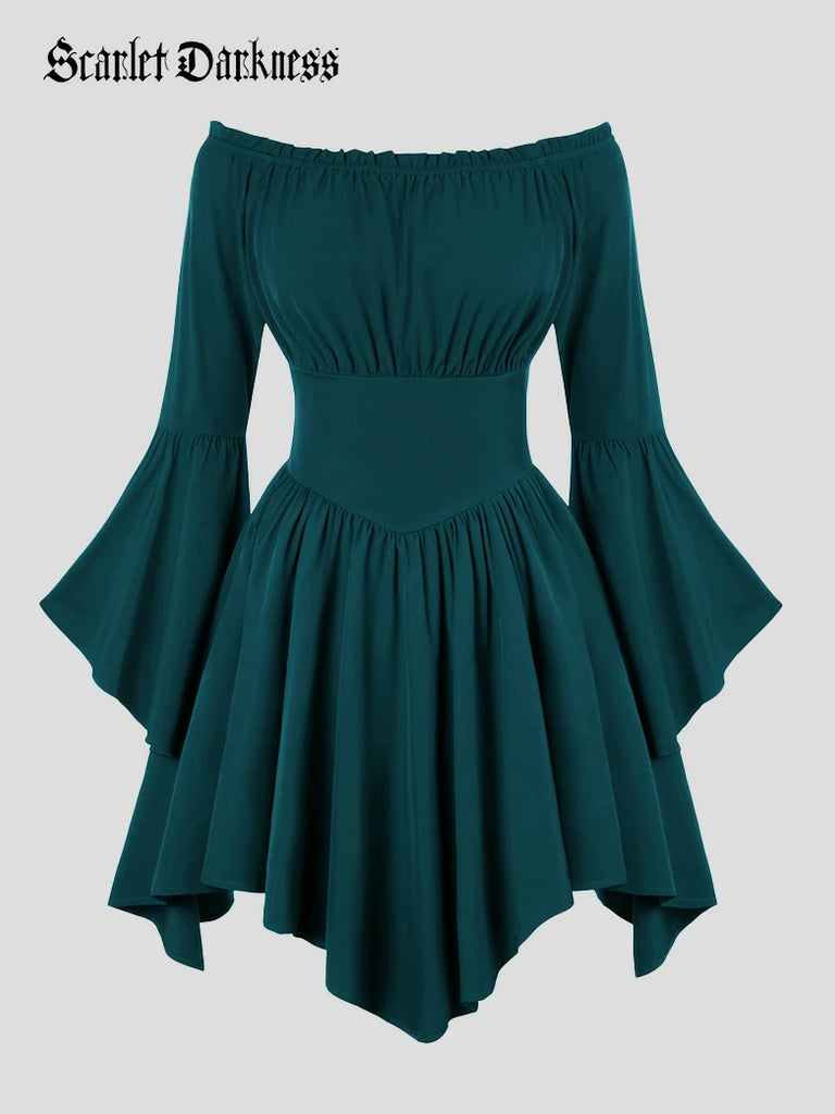 Scarlet Darkness Renaissance Irregular Hem Off Shoulder Pockets Dress