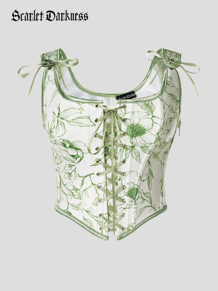 Scarlet Darkness Renaissance Festival Floral Corset Tops with 10 Bones Light green