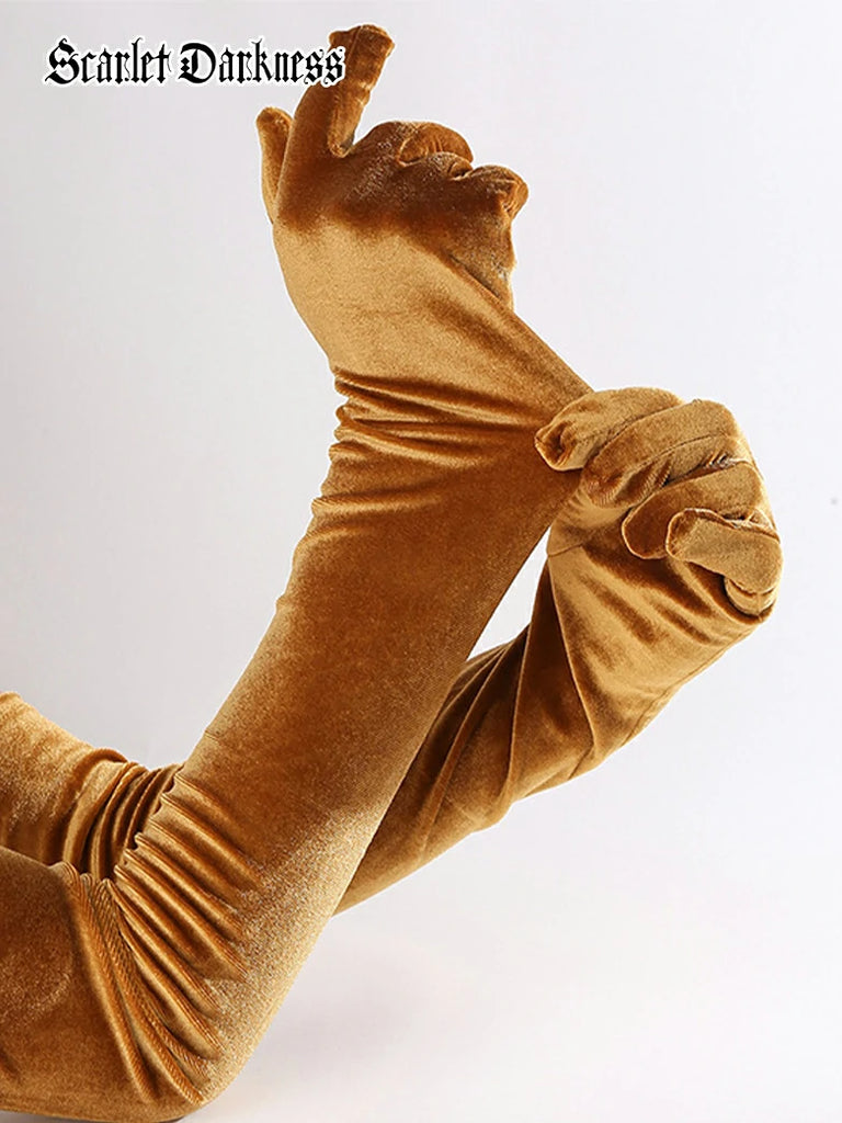 Scarlet Darkness Women Velvet Gloves for Evening Gowns, Banquets, Parties Golden 53cm A pair