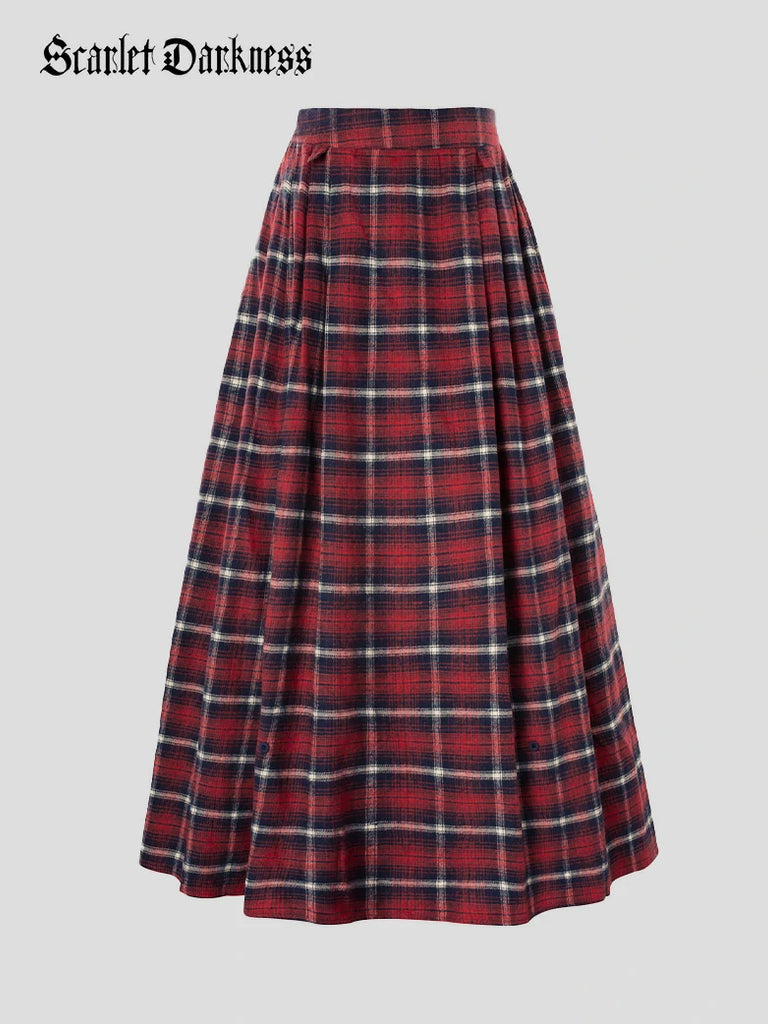 Scarlet Darkness Women Plaided Buckle up Flared Swing Maxi Skirt