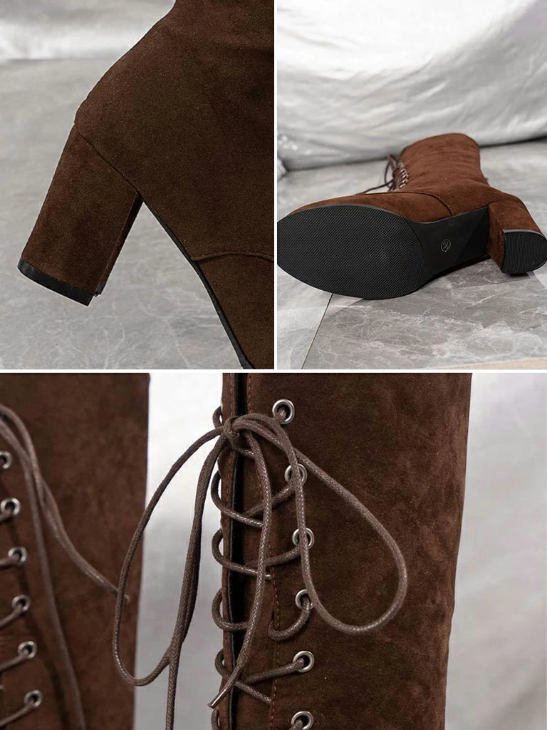 Scarlet Darkness Women's Lace-Up Suede Thick-Heeled Witch Boots