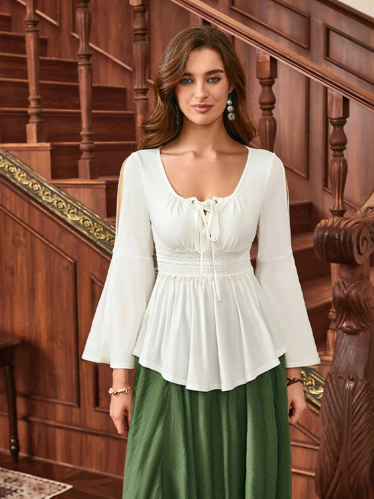 Scarlet Darkness Renaissance Curved Hem Bell Sleeve Slit Tops