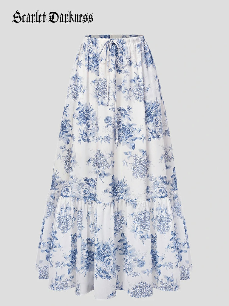Scarlet Darkness 2026 Floral Elastic Waist Swing Pockets Skirt Blue