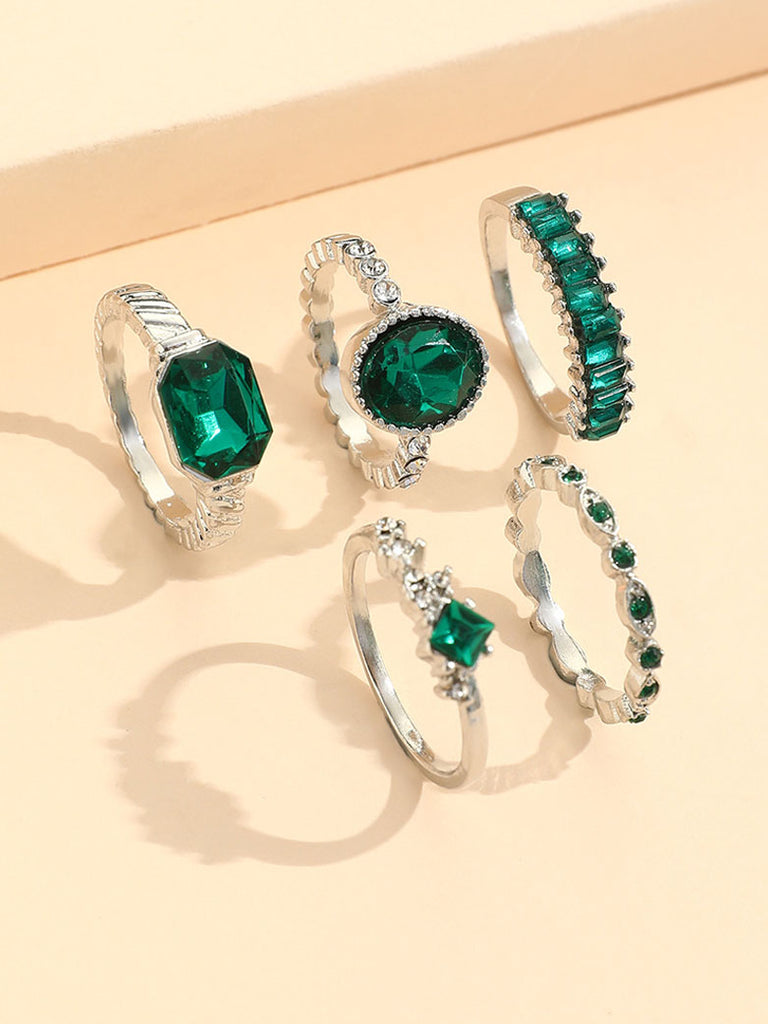 Women Vintage Lucky Green 5-piece Geometric Ring Set SCARLET DARKNESS