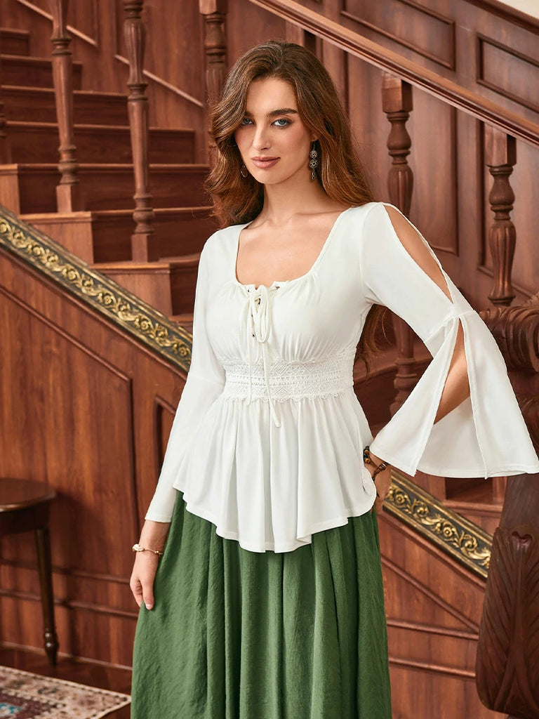 Scarlet Darkness Renaissance Curved Hem Bell Sleeve Slit Tops