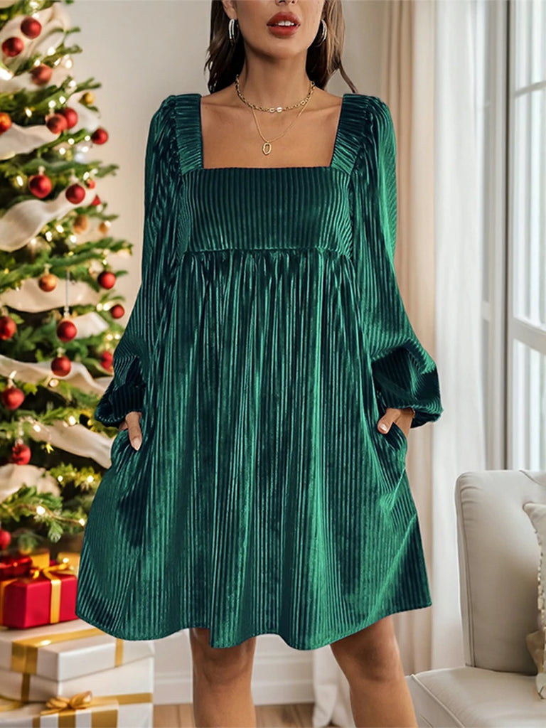 Scarlet Darkness New Winter Christmas Warm Velvet Pockets Dress Green