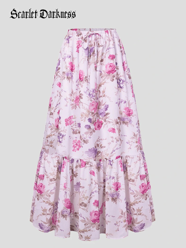 Scarlet Darkness 2026 Floral Elastic Waist Swing Pockets Skirt Pink