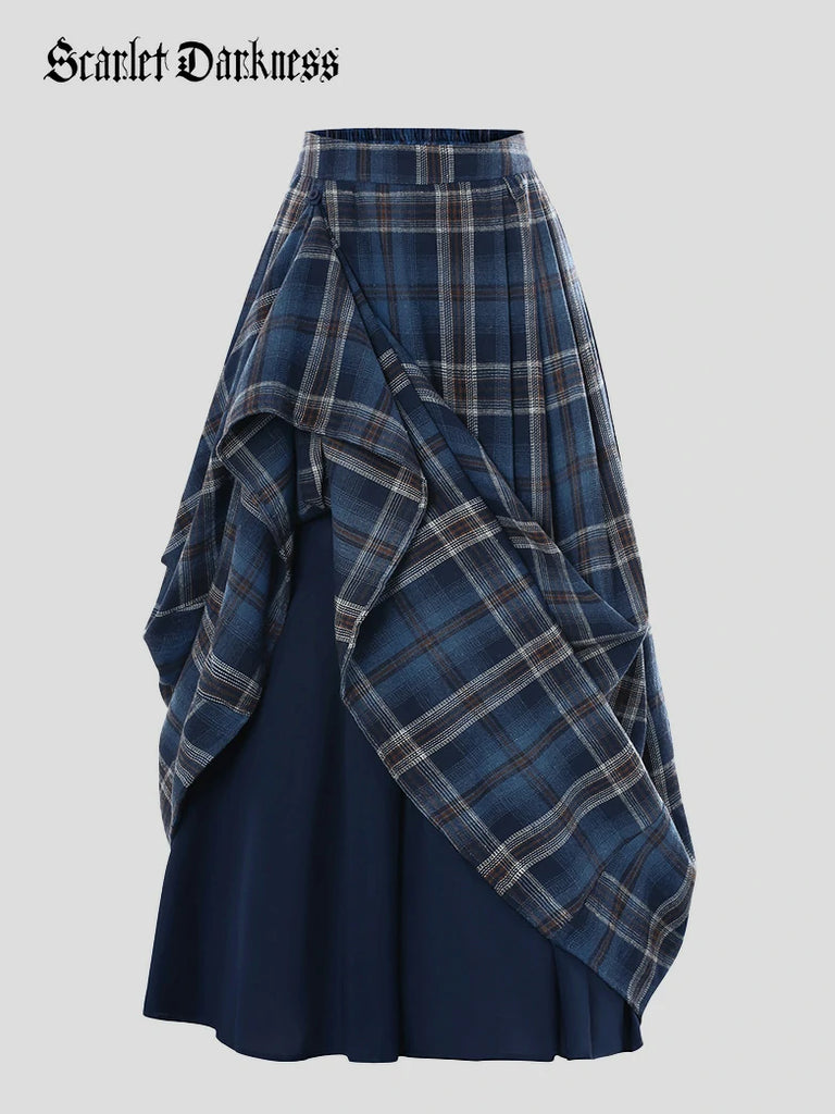 Scarlet Darkness Women Plaided Buckle up Flared Swing Maxi Skirt Navy blue