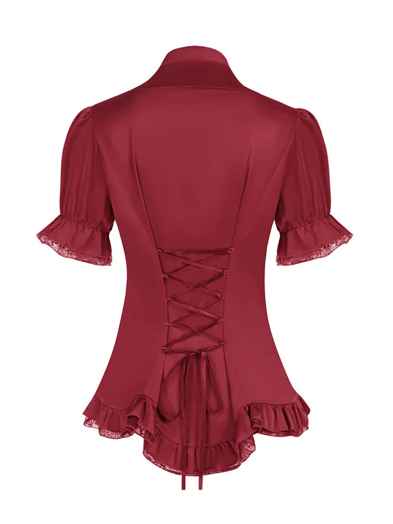 Victorian Printed Pleated Shirt Lace Up Blouse SCARLET DARKNESS