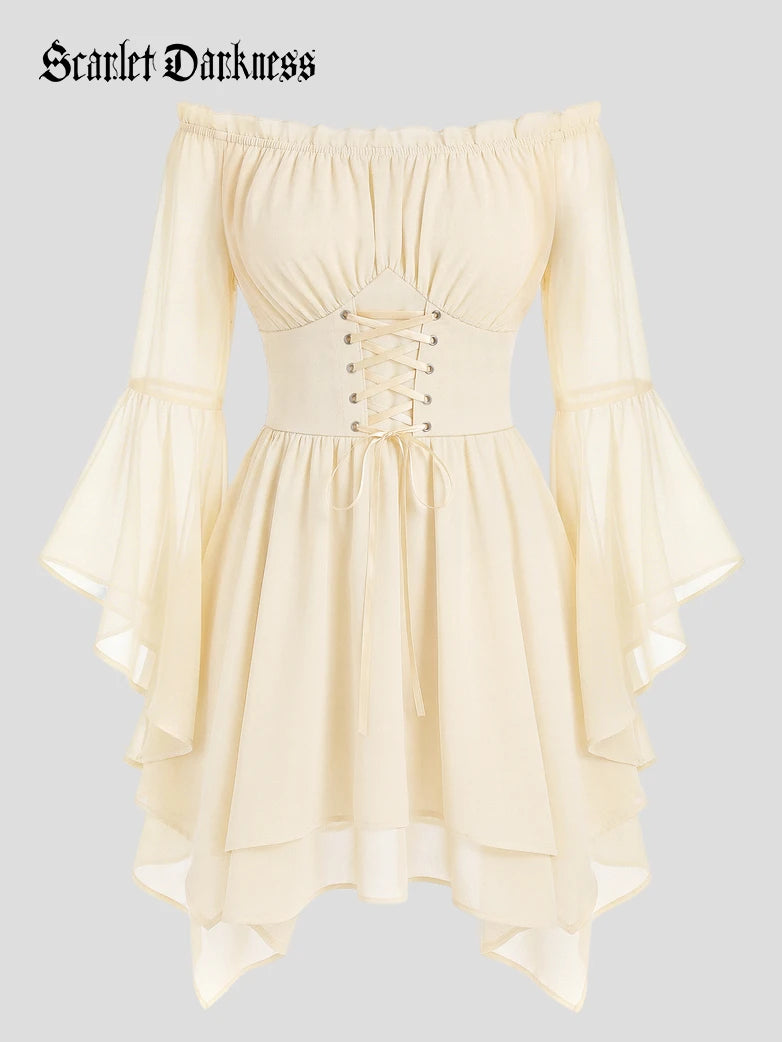 off shoulder button design lantern sleeve dress Midi Dress Off Shoulder Button Design Lantern Sleeve Dress Jacaranda Patience Lace Long Sleeve Mini Dress