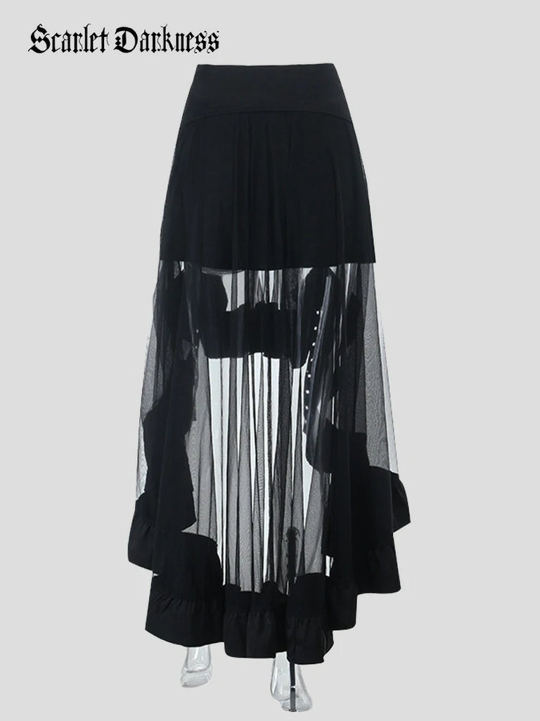Scarlet Darkness Black Gothic Irregular Mesh Midi Skirt Black