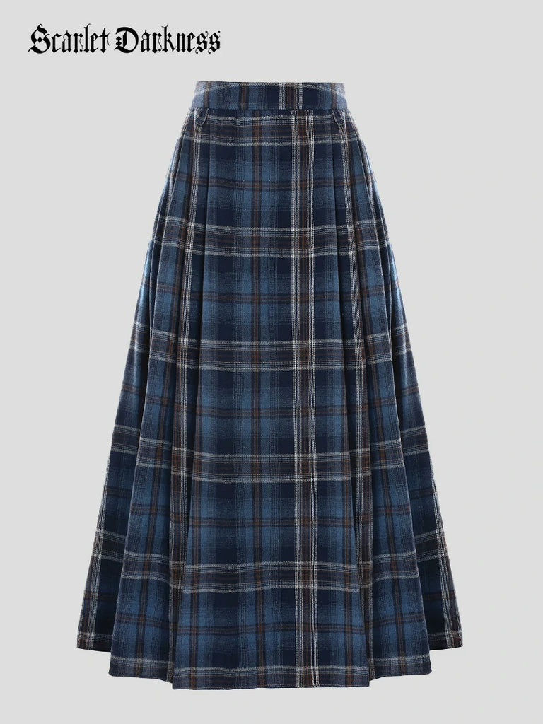 Scarlet Darkness Women Plaided Buckle up Flared Swing Maxi Skirt