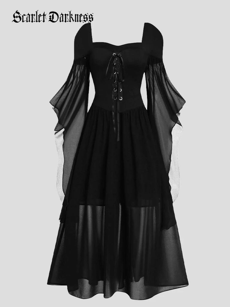Scarlet Darkness 2025 Halloween Witch Fairy Tie-Strap Long Dress Black