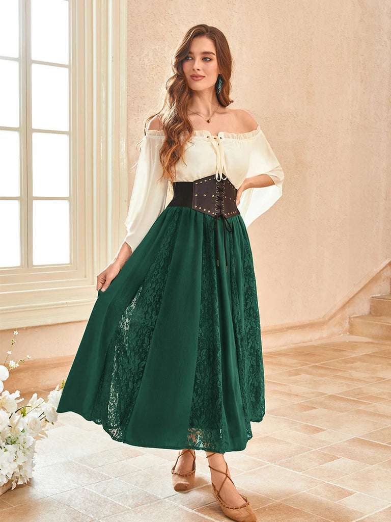 Scarlet Darkness Renaissance Lace Swing Maxi Skirt with Pockets