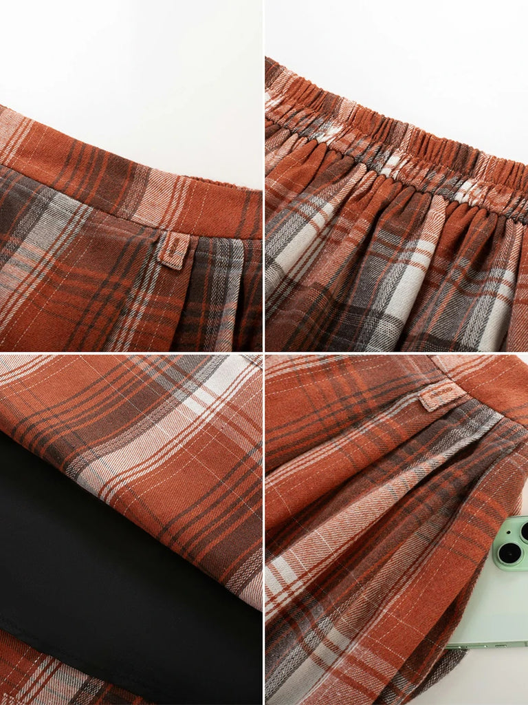 Scarlet Darkness Women Plaided Buckle up Flared Swing Maxi Skirt