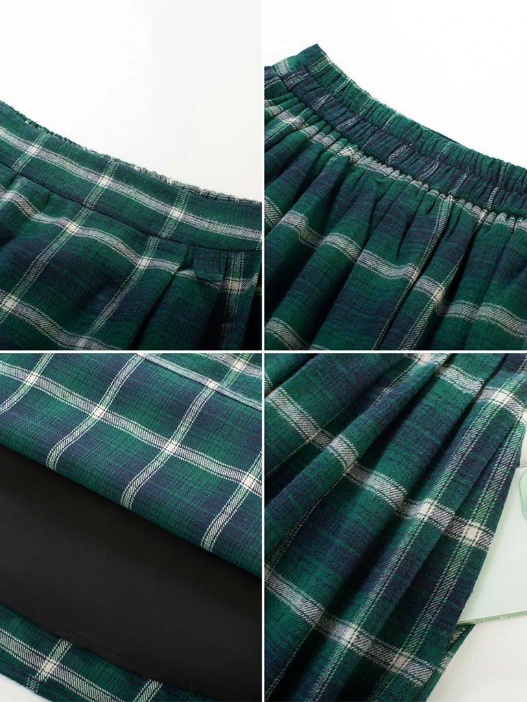 Scarlet Darkness Women Plaided Buckle up Flared Swing Maxi Skirt