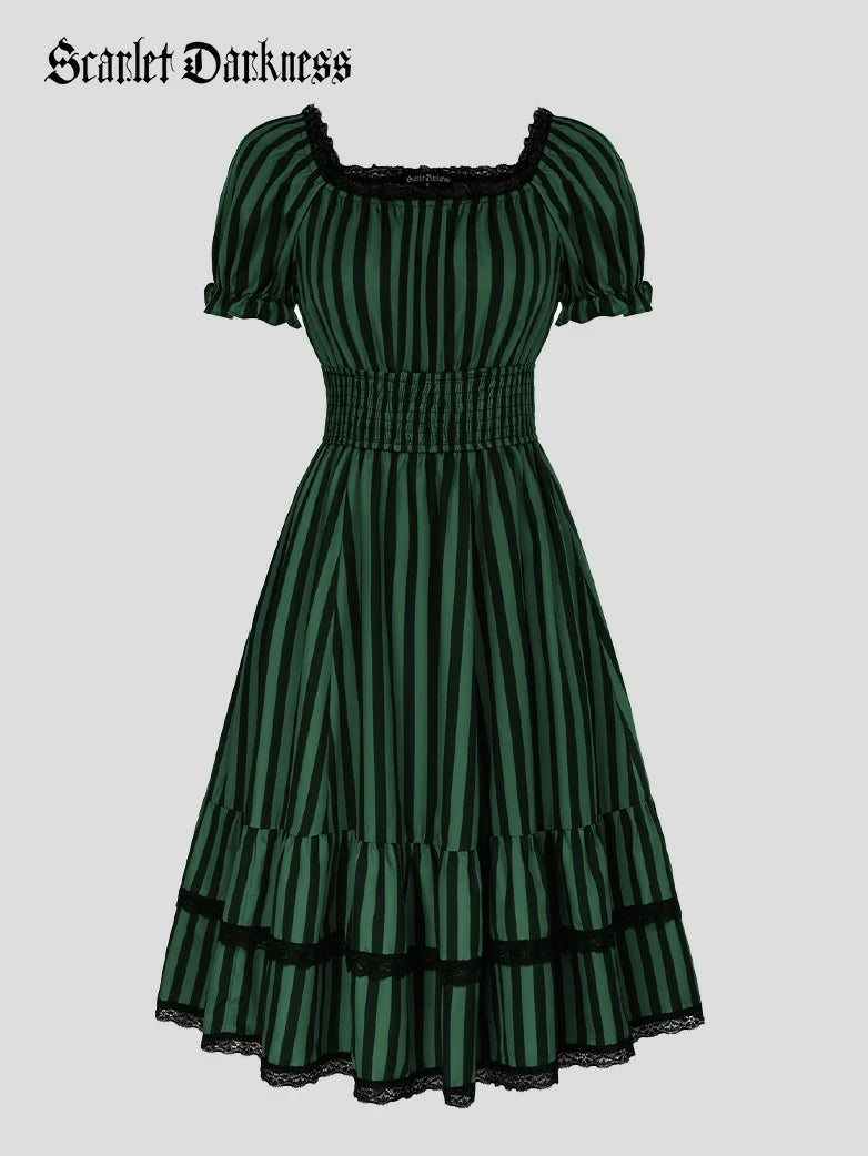 Scarlet Darkness Women Steampunk Elastic Waist Tiered Dress with Pocket