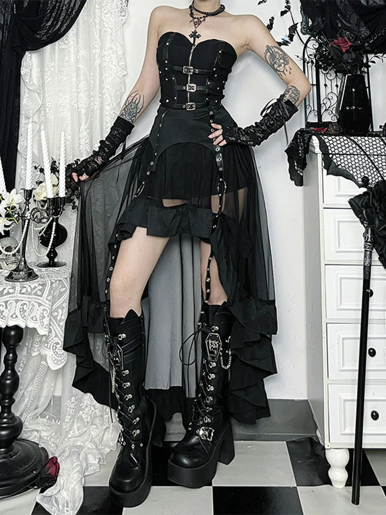 Scarlet Darkness Black Gothic Irregular Mesh Midi Skirt