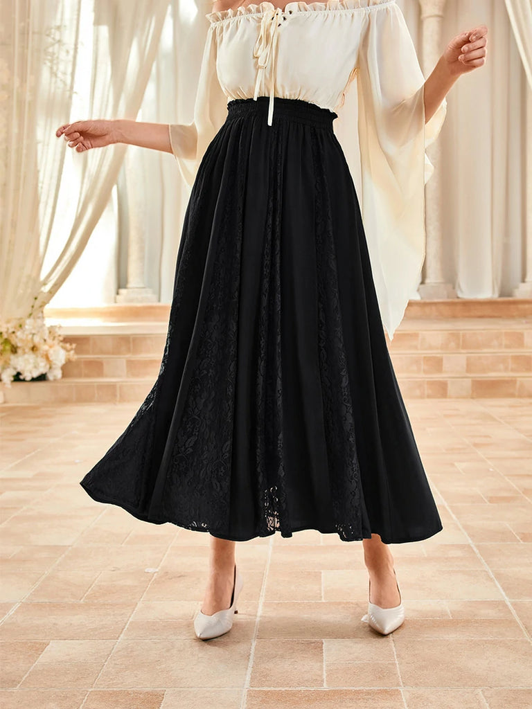 Scarlet Darkness Renaissance Lace Swing Maxi Skirt with Pockets