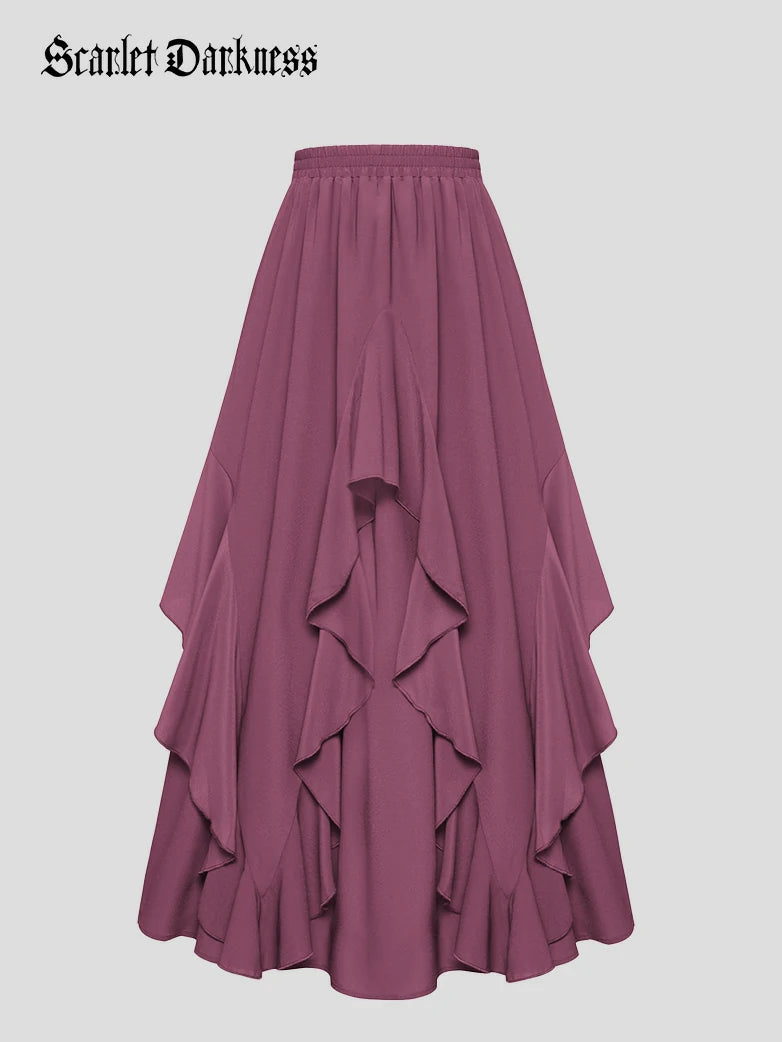 SCARLET DARKNESS Middeleeuwse rok voor dames, elastische taille met zakken, chiffon, zoom met ruches, piratenrok, wit, XXL SCARLET DARKNESS Middeleeuwse rok voor dames, elastische taille met zakken, chiffon, zoom met ruches, piratenrok, wit, XXL