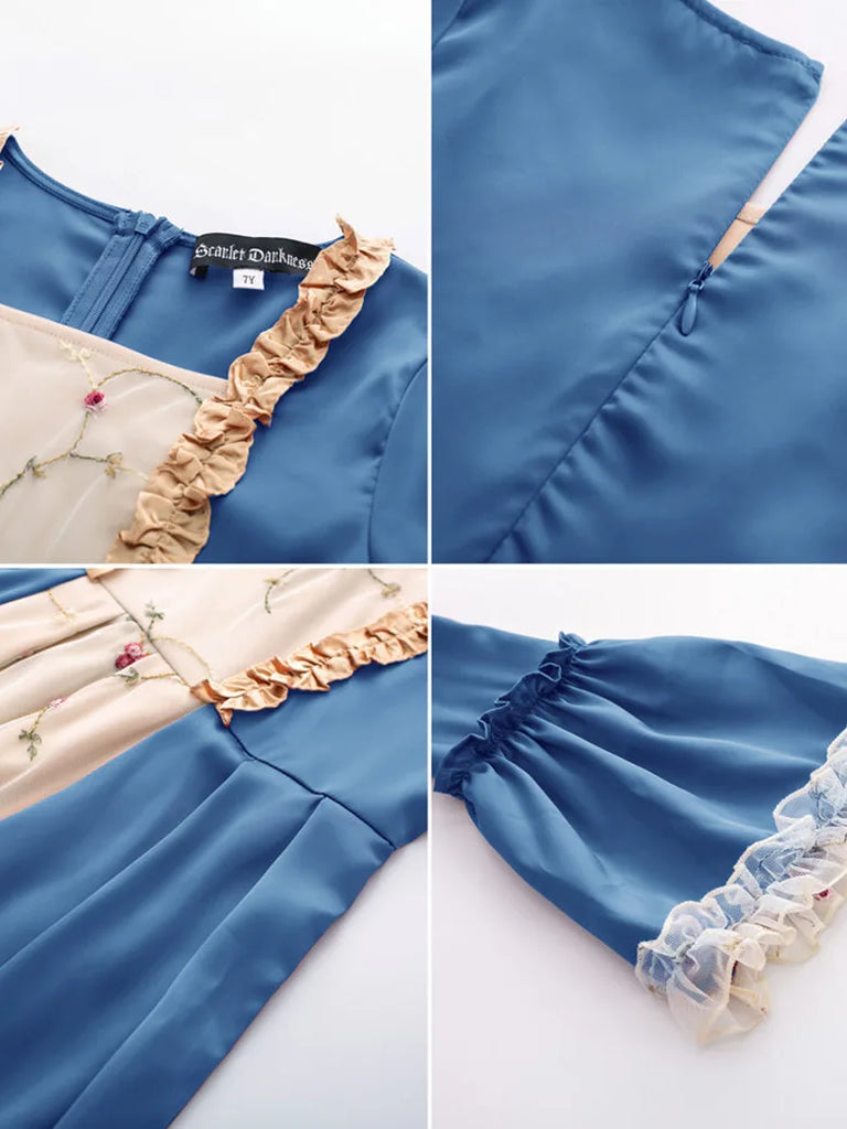 Kids Contrast Color Dress Bell Sleeve Maxi Dress SCARLET DARKNESS