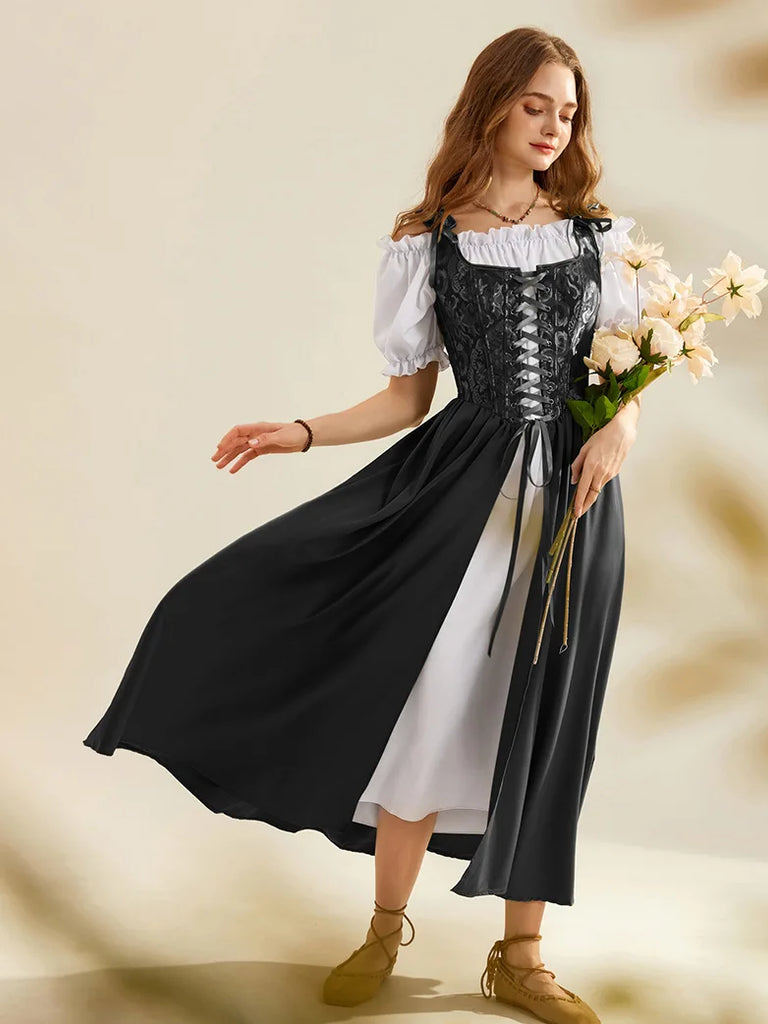 Renaissance Costume Off Shoulder Dress+Boned Pocket Overdress SCARLET DARKNESS