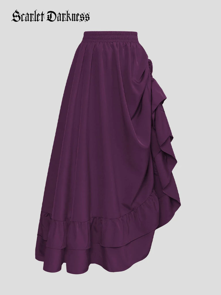 Scarlet Darkness Women Punk Ruffled High-Low Drawstring Skirt Dark purple