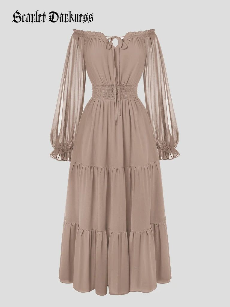 Scarlet Darkness Renaissance Chiffon Sleeve Elastic Waist Pocket Dress Grey