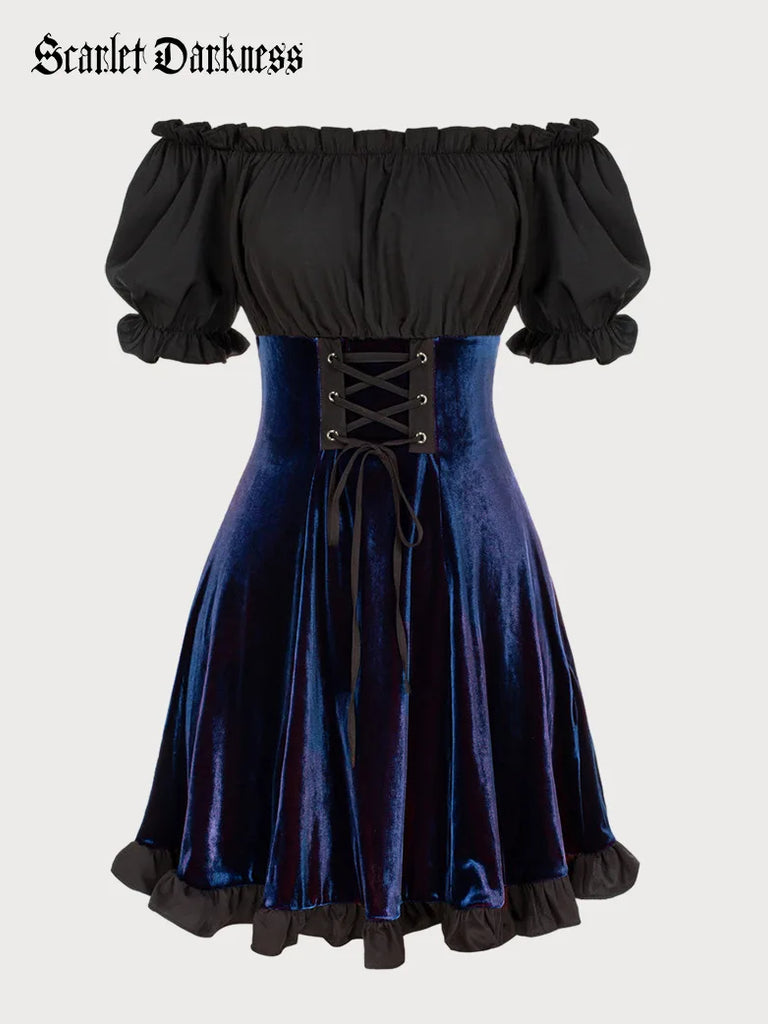 Gothic Contrast Velvet Dress Off Shoulder Ruffled Hem Dress SCARLET DARKNESS