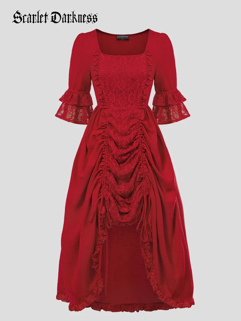 Double Lace Patchwork Party Dress 3/4 Sleeve Drawstring Dress Scarlet Darkness
