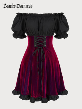 Gothic Contrast Velvet Dress Off Shoulder Ruffled Hem Dress