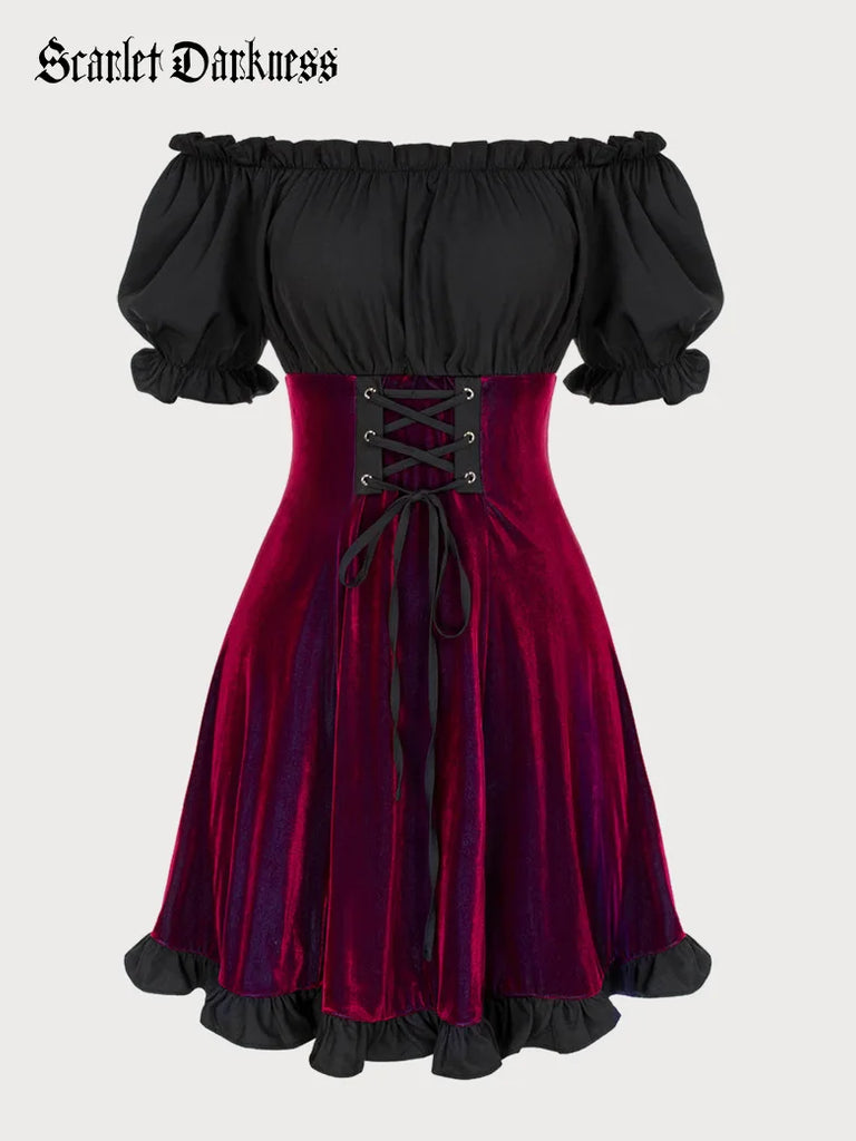 Clearance Lace Chiffon Patchwork Hollow Out Drawstring Corset Punk Gothic  Dress Women Renaissance Medieval Dress 2023 