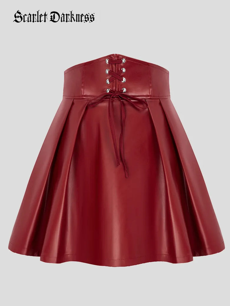 High Waist Pleated Skirt Lace up Leather A-Line Skirt SCARLET DARKNESS