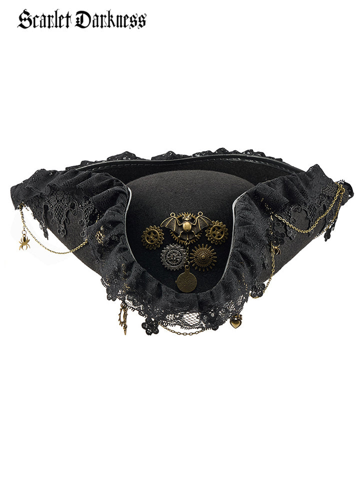 Scarlet Darkness Gothic Vintage Lace Gear Bat Pirate Tricorn Hat Black