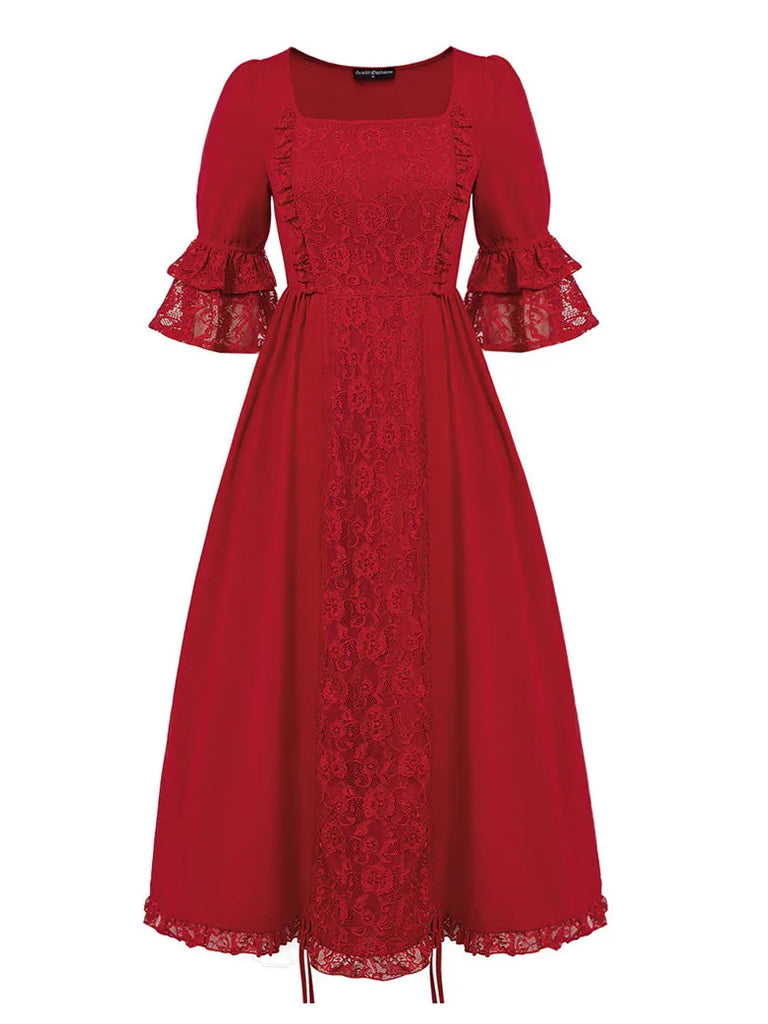 Double Lace Patchwork Party Dress 3/4 Sleeve Drawstring Dress Scarlet Darkness