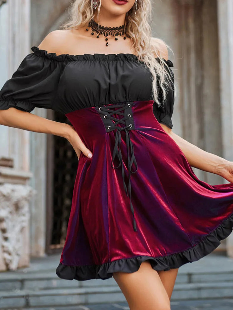 Women Victorian Gothic Style Black Lace Velvet Slip Dress